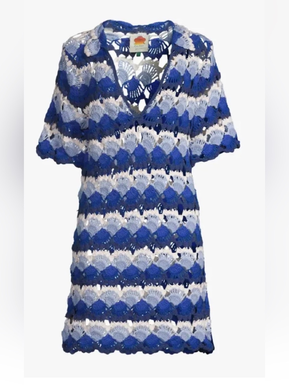 Farm Rio fan stitch crochet shell cover up collared dress in blue multi